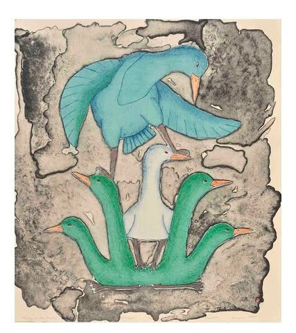 VINTAGE 1999 Inuit Print by Qavavau Manumie *Nesting on the Tundra*
