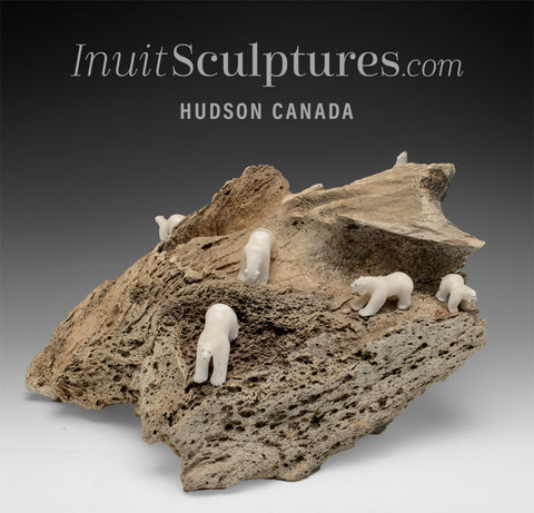 13" Ivory Bears on the beach by the late Famous Emily Illuitok (1943 - 2012)