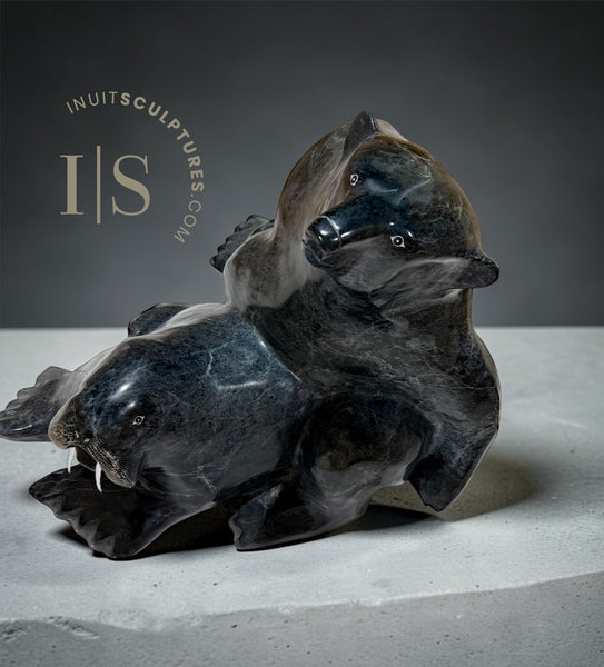 VINTAGE 22" Bonded Bear and Walrus  LAST Masterpiece of Elite Master Carver Nuna Parr *Never Apart*