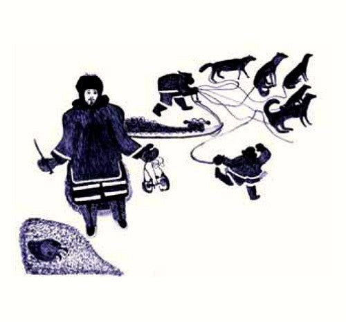 1984 INUIT TRAPPERS AND DOGS by Oshoochiak Pudlat