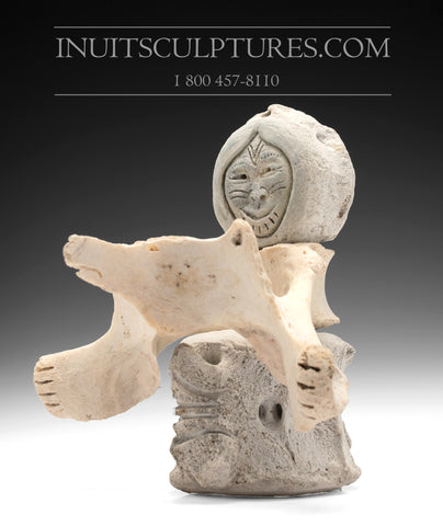 8" Inuk sur loup par le maître sculpteur d'élite Manasie Akpaliapik *Wolf Rider*